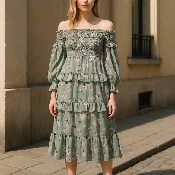 Pretty Little Thing Off the Shoulder Dress Summer Frills Maxi Size US 6 Womens - Picture 1 of 10